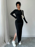 Buy SHEIN Raffinéa Women Contrast Color Patchwork Round Neck Long Sleeve Single Side Slit Dress Maxi Women Outfit in Pakistan