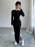 Buy SHEIN Raffinéa Women Contrast Color Patchwork Round Neck Long Sleeve Single Side Slit Dress Maxi Women Outfit in Pakistan