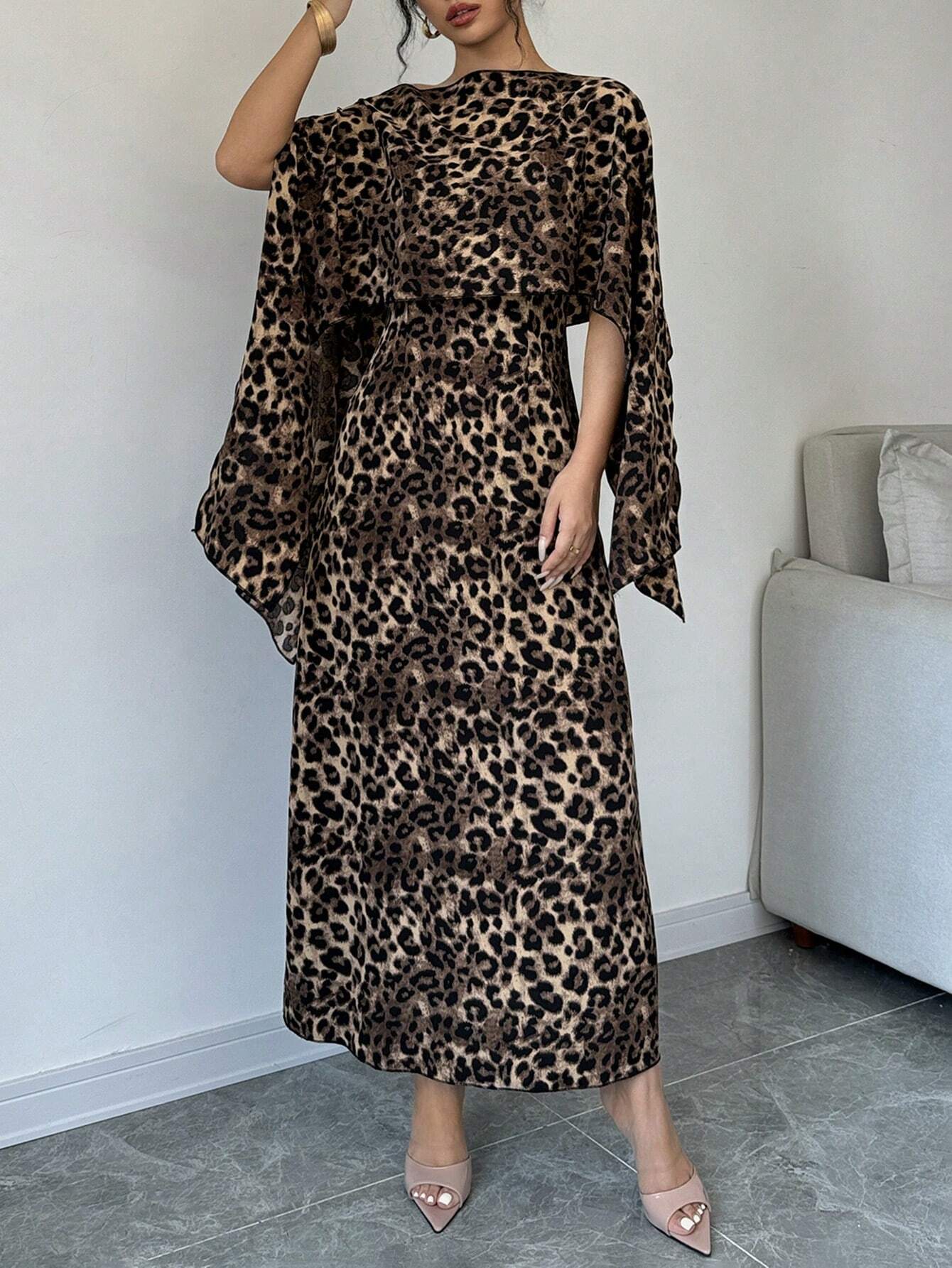 Buy SHEIN Raffinéa Women Leopard Print Hooded Cape Dress Maxi Women Outfit in Pakistan