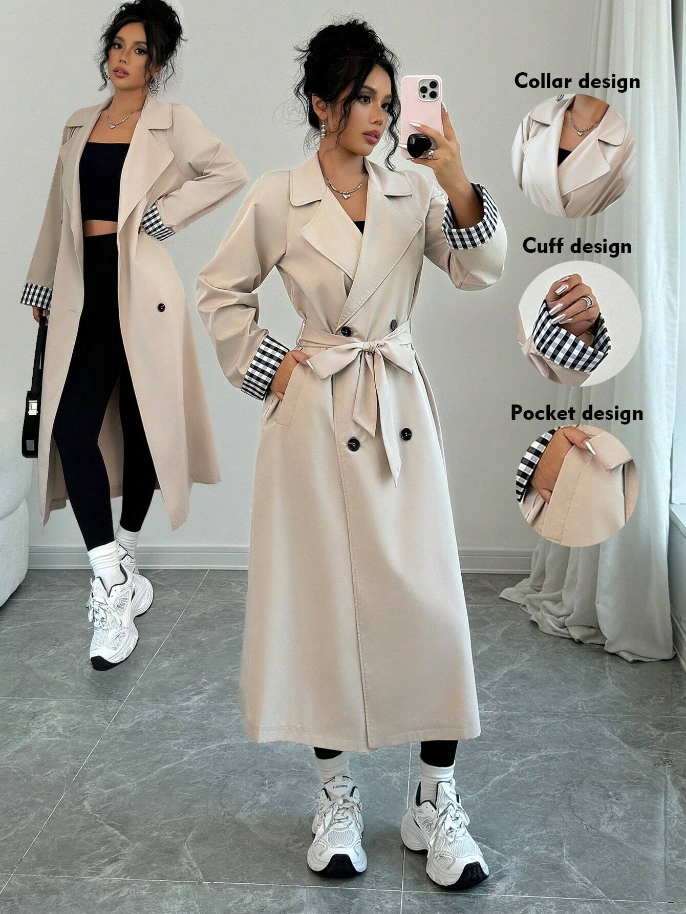 Buy SHEIN Raffinéa Women Loose Turn-Down Collar Double-Breasted Plaid Patchwork Long Sleeve Trench Coat in Pakistan
