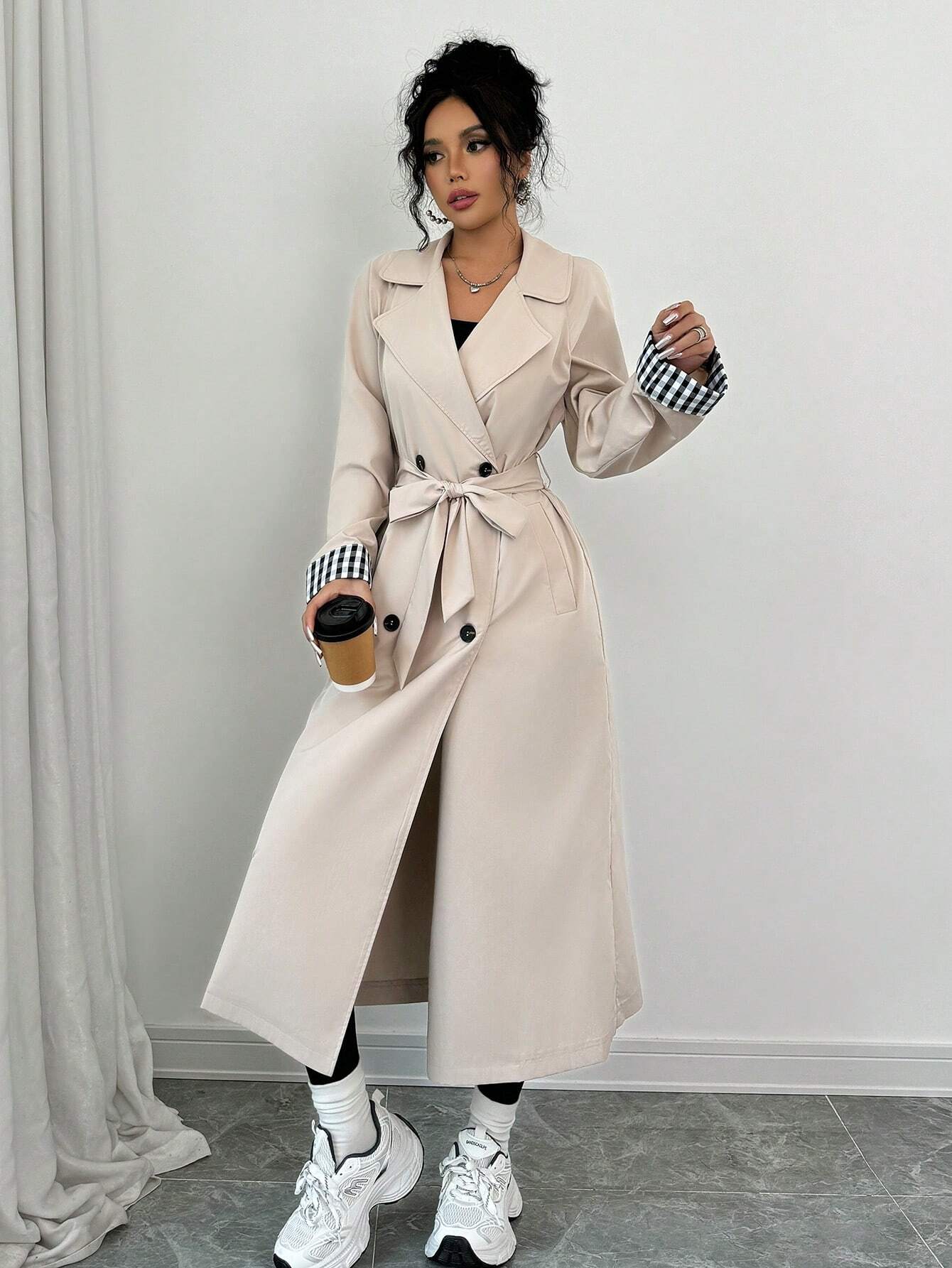 Buy SHEIN Raffinéa Women Loose Turn-Down Collar Double-Breasted Plaid Patchwork Long Sleeve Trench Coat in Pakistan