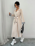 Buy SHEIN Raffinéa Women Loose Turn-Down Collar Double-Breasted Plaid Patchwork Long Sleeve Trench Coat in Pakistan
