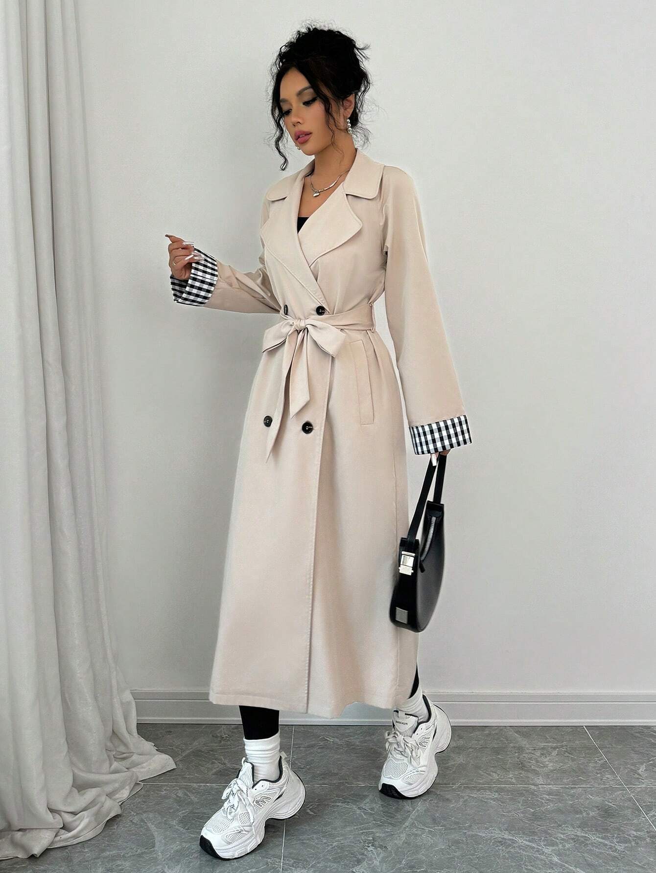 Buy SHEIN Raffinéa Women Loose Turn-Down Collar Double-Breasted Plaid Patchwork Long Sleeve Trench Coat in Pakistan