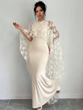 Buy SHEIN Raffinéa Women's Solid Color Round Neck Cape Sleeve Lace Patchwork Elegant Long Dress in Pakistan