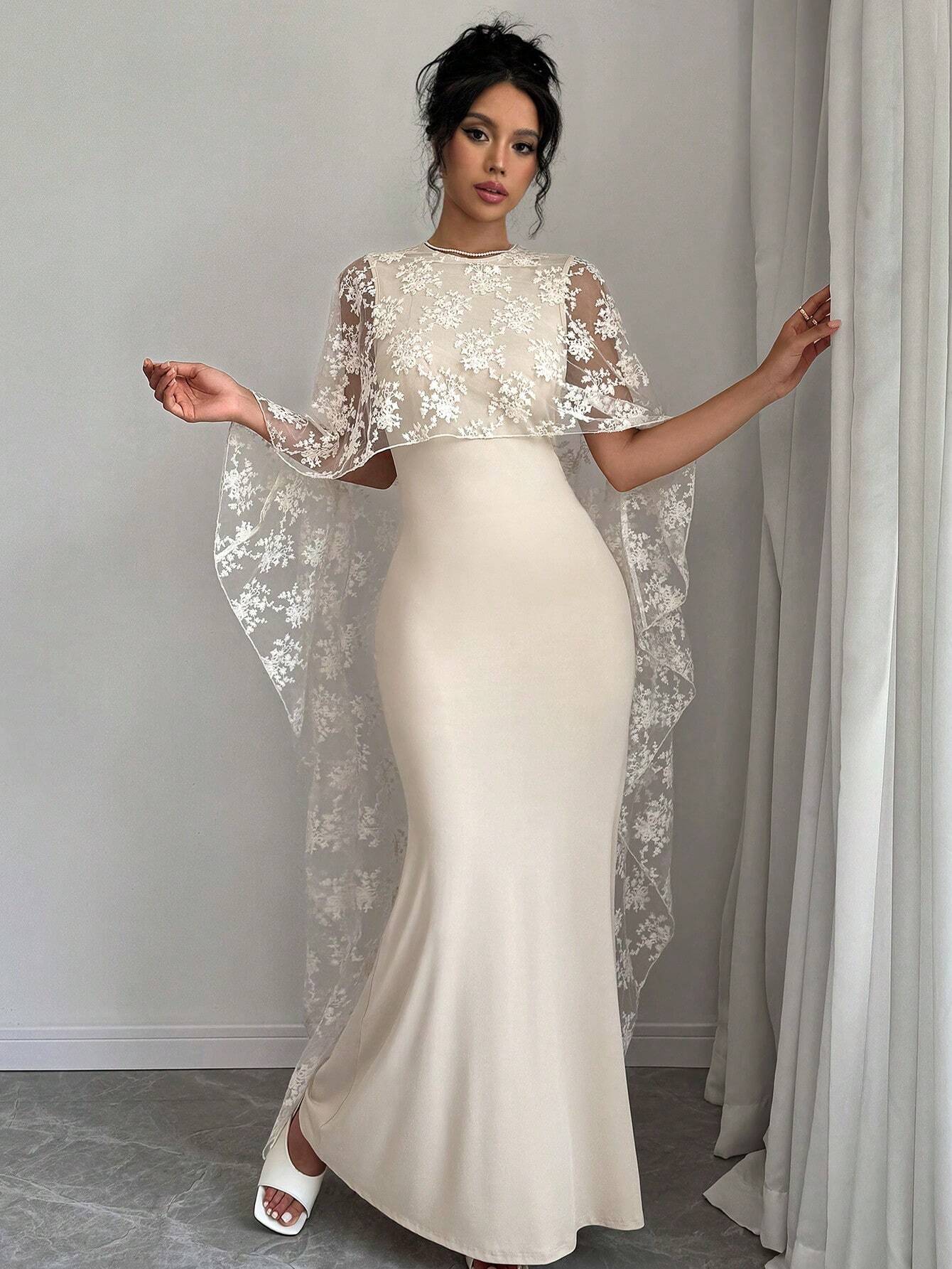 Buy SHEIN Raffinéa Women's Solid Color Round Neck Cape Sleeve Lace Patchwork Elegant Long Dress in Pakistan