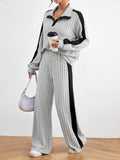 Buy SHEIN Relaxiva Color Block Casual 2pcs/Set Side Stripe, Extra-Long Sleeve Loose Grey Drop Shoulder Blouse And Pants in Pakistan