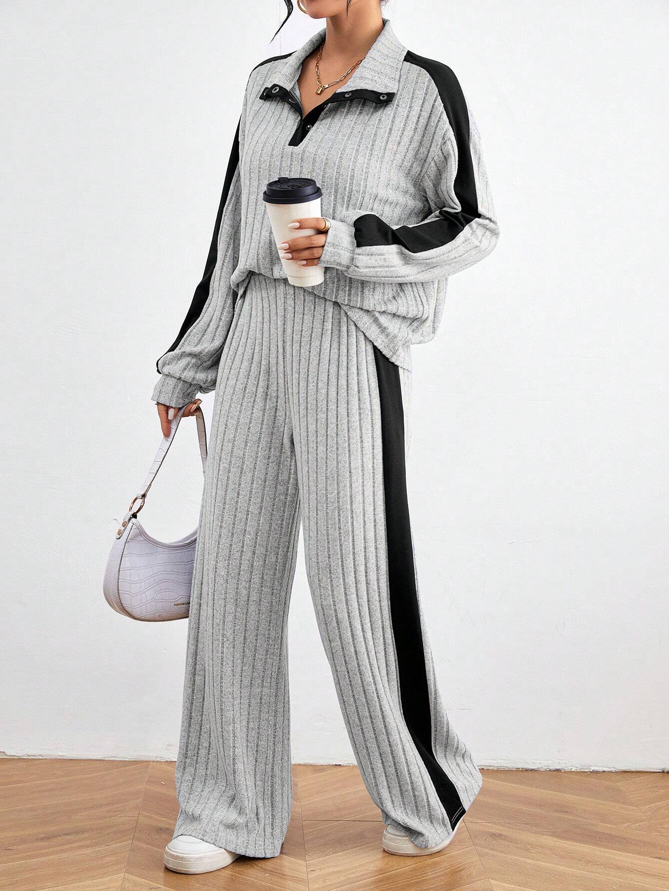 Buy SHEIN Relaxiva Color Block Casual 2pcs/Set Side Stripe, Extra-Long Sleeve Loose Grey Drop Shoulder Blouse And Pants in Pakistan