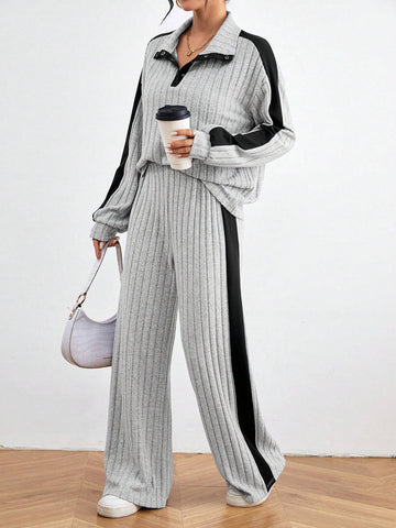 Buy SHEIN Relaxiva Color Block Casual 2pcs/Set Side Stripe, Extra-Long Sleeve Loose Grey Drop Shoulder Blouse And Pants in Pakistan