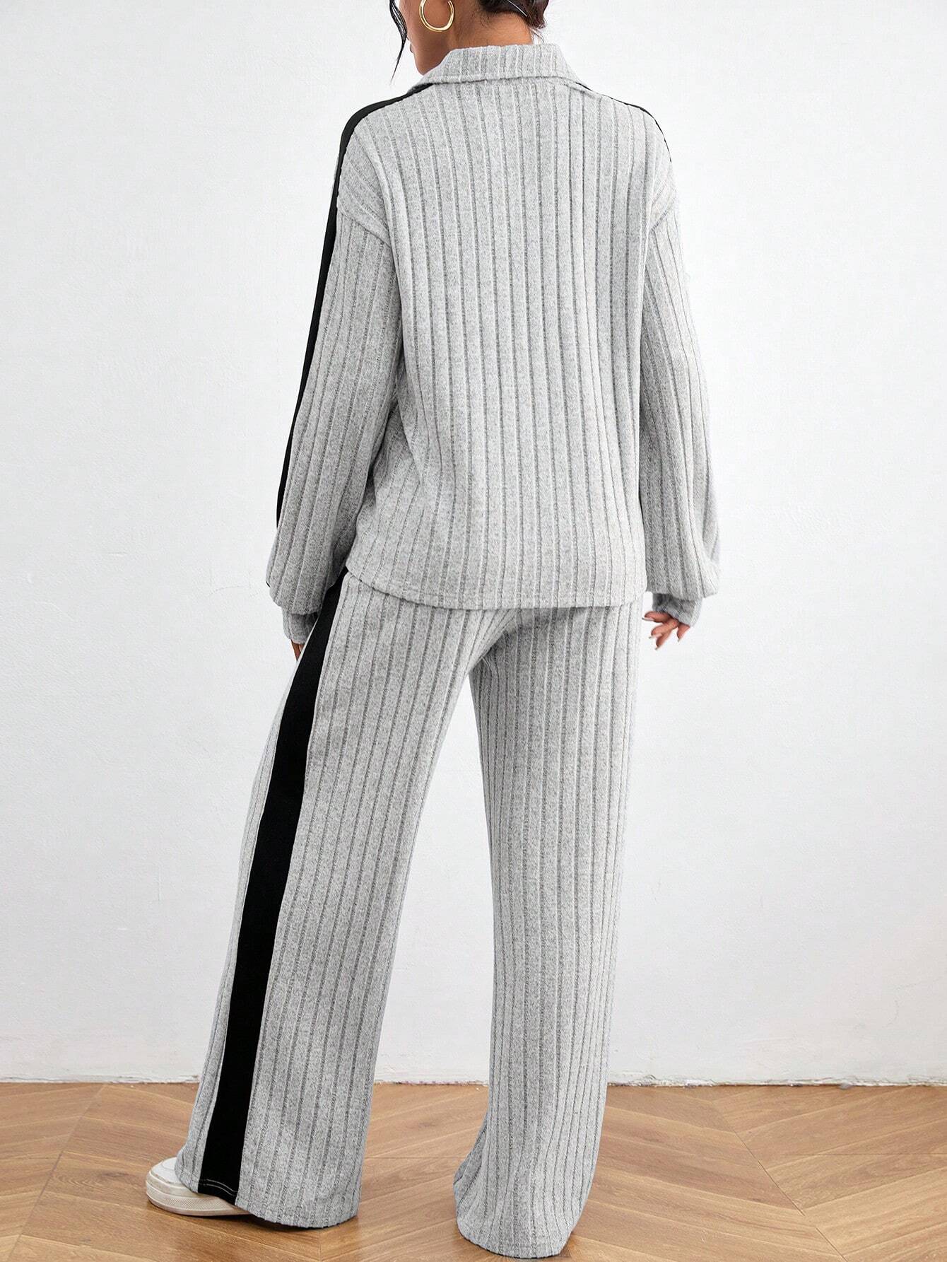 Buy SHEIN Relaxiva Color Block Casual 2pcs/Set Side Stripe, Extra-Long Sleeve Loose Grey Drop Shoulder Blouse And Pants in Pakistan