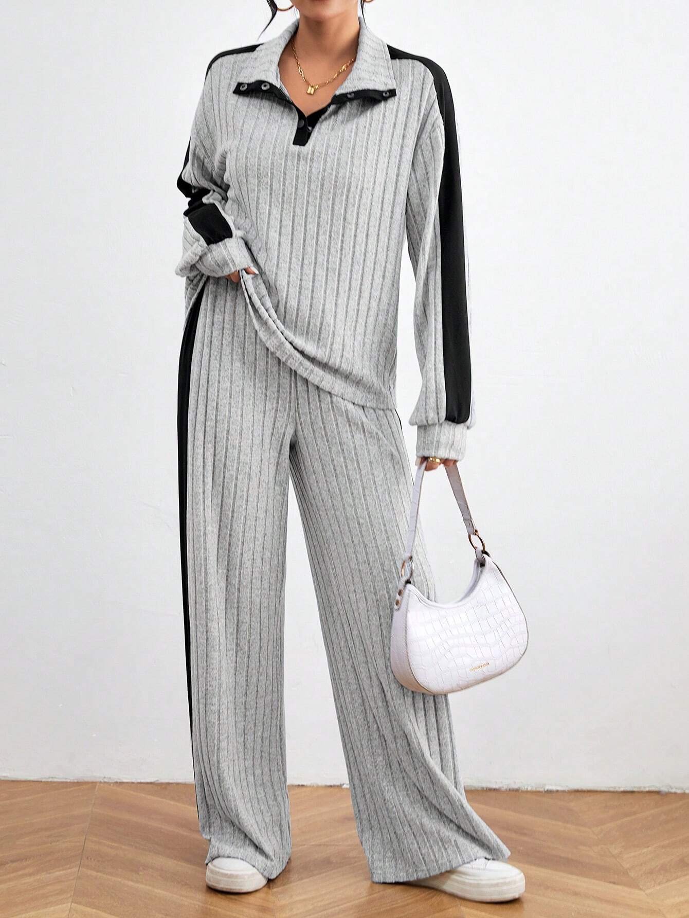 Buy SHEIN Relaxiva Color Block Casual 2pcs/Set Side Stripe, Extra-Long Sleeve Loose Grey Drop Shoulder Blouse And Pants in Pakistan