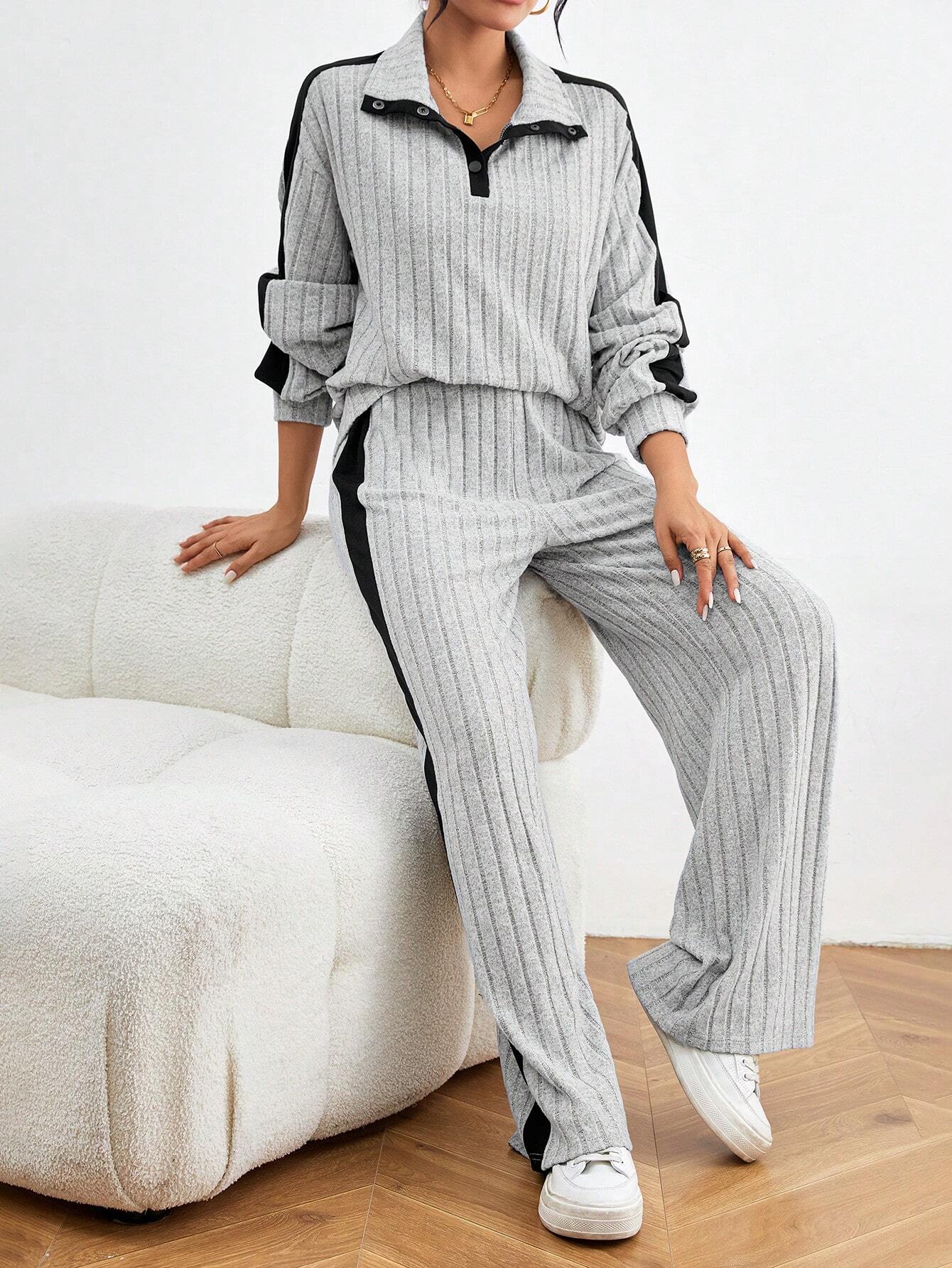 Buy SHEIN Relaxiva Color Block Casual 2pcs/Set Side Stripe, Extra-Long Sleeve Loose Grey Drop Shoulder Blouse And Pants in Pakistan