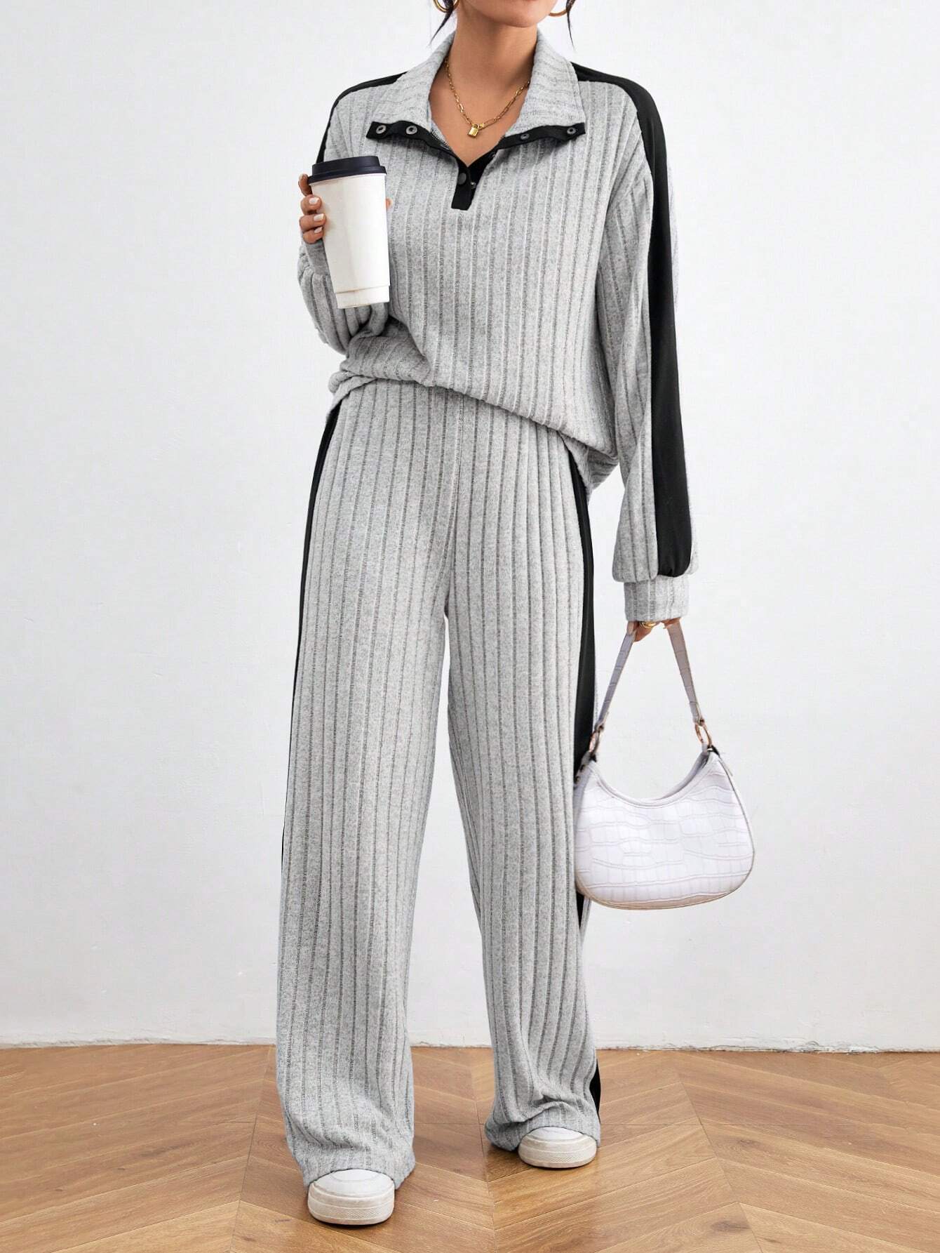 Buy SHEIN Relaxiva Color Block Casual 2pcs/Set Side Stripe, Extra-Long Sleeve Loose Grey Drop Shoulder Blouse And Pants in Pakistan