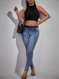 Buy SHEIN SXY Mock Neck Glitter Crop Halter Top in Pakistan