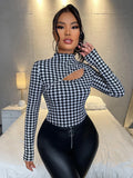 Buy SHEIN SXY Mock Neck Houndstooth Print Cut Out Slim Tee in Pakistan