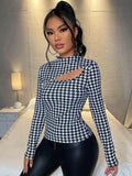 Buy SHEIN SXY Mock Neck Houndstooth Print Cut Out Slim Tee in Pakistan
