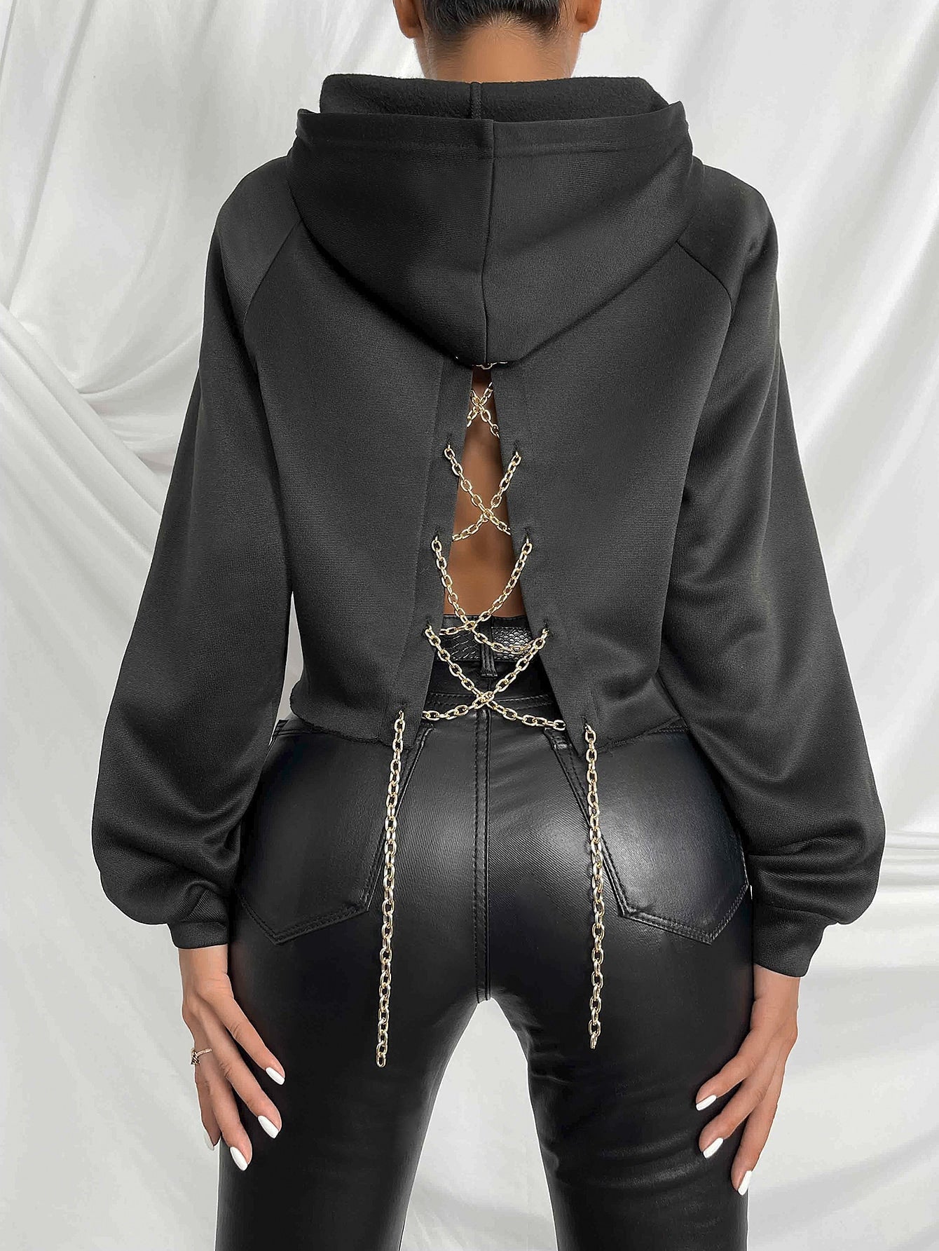Buy SHEIN SXY Raglan Sleeve Chain Crisscross Back Hoodie in Pakistan