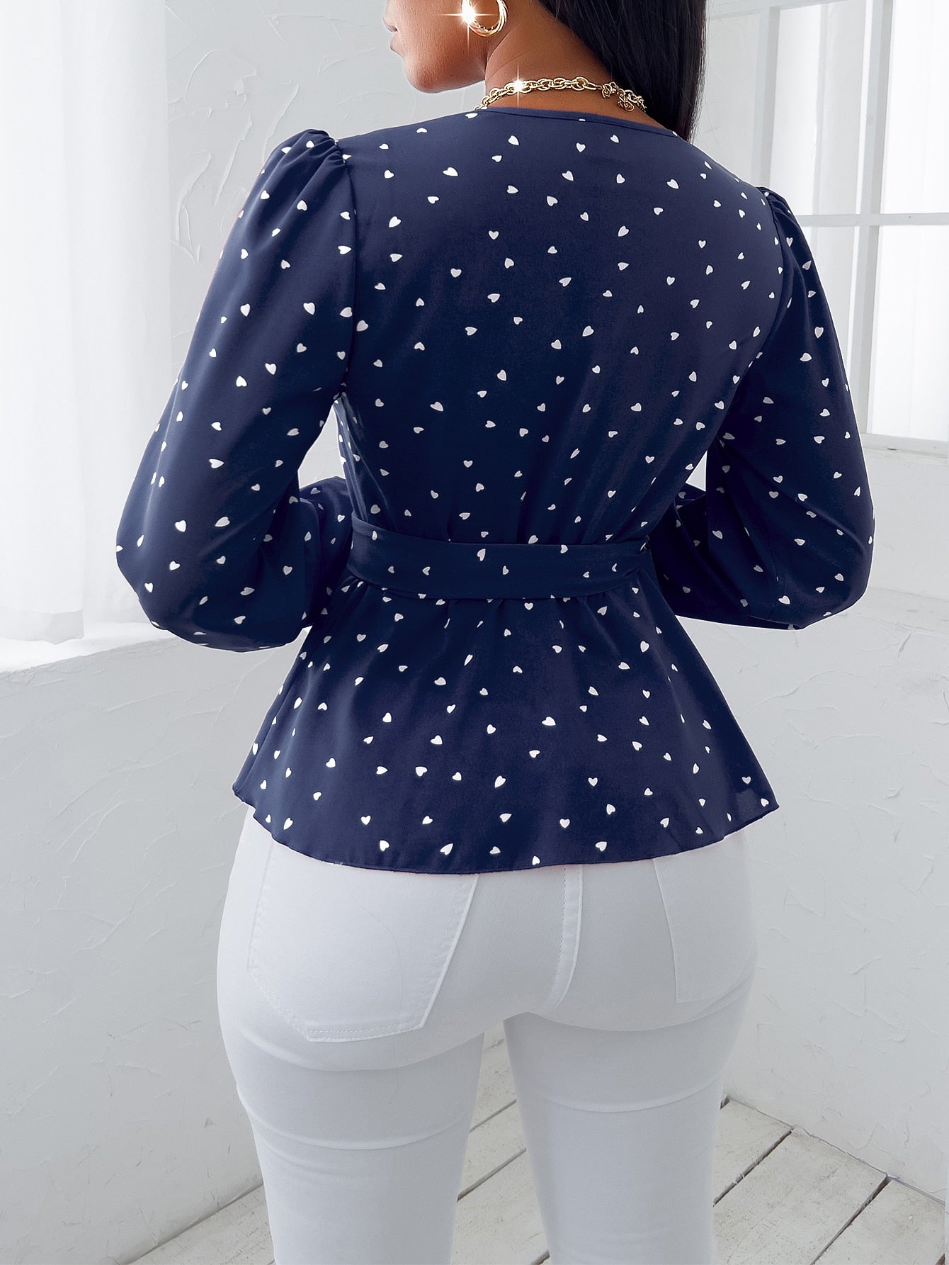 Buy SHEIN SXY Random Heart Print Surplice Neck Belted Blouse in Pakistan