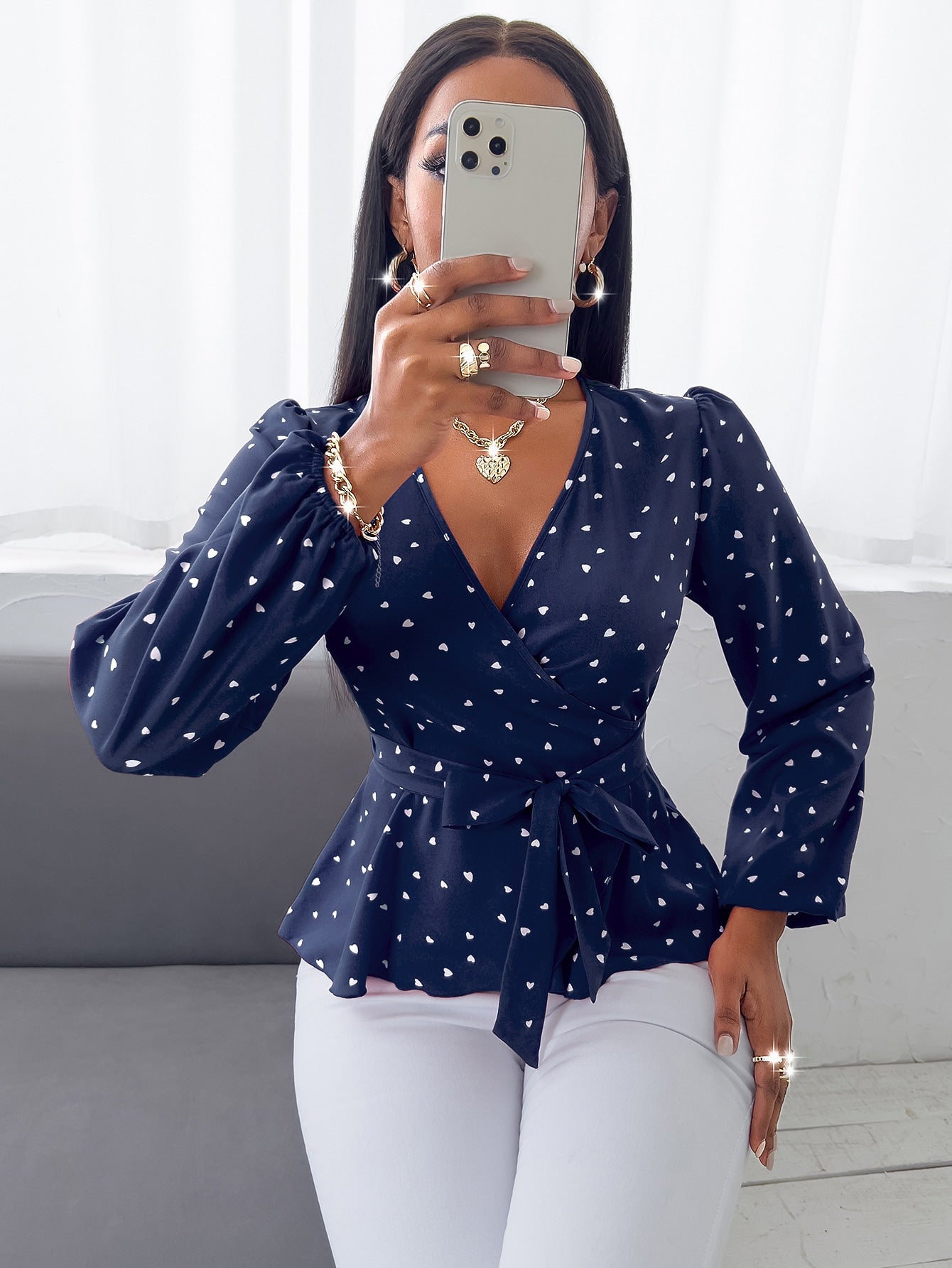 Buy SHEIN SXY Random Heart Print Surplice Neck Belted Blouse in Pakistan