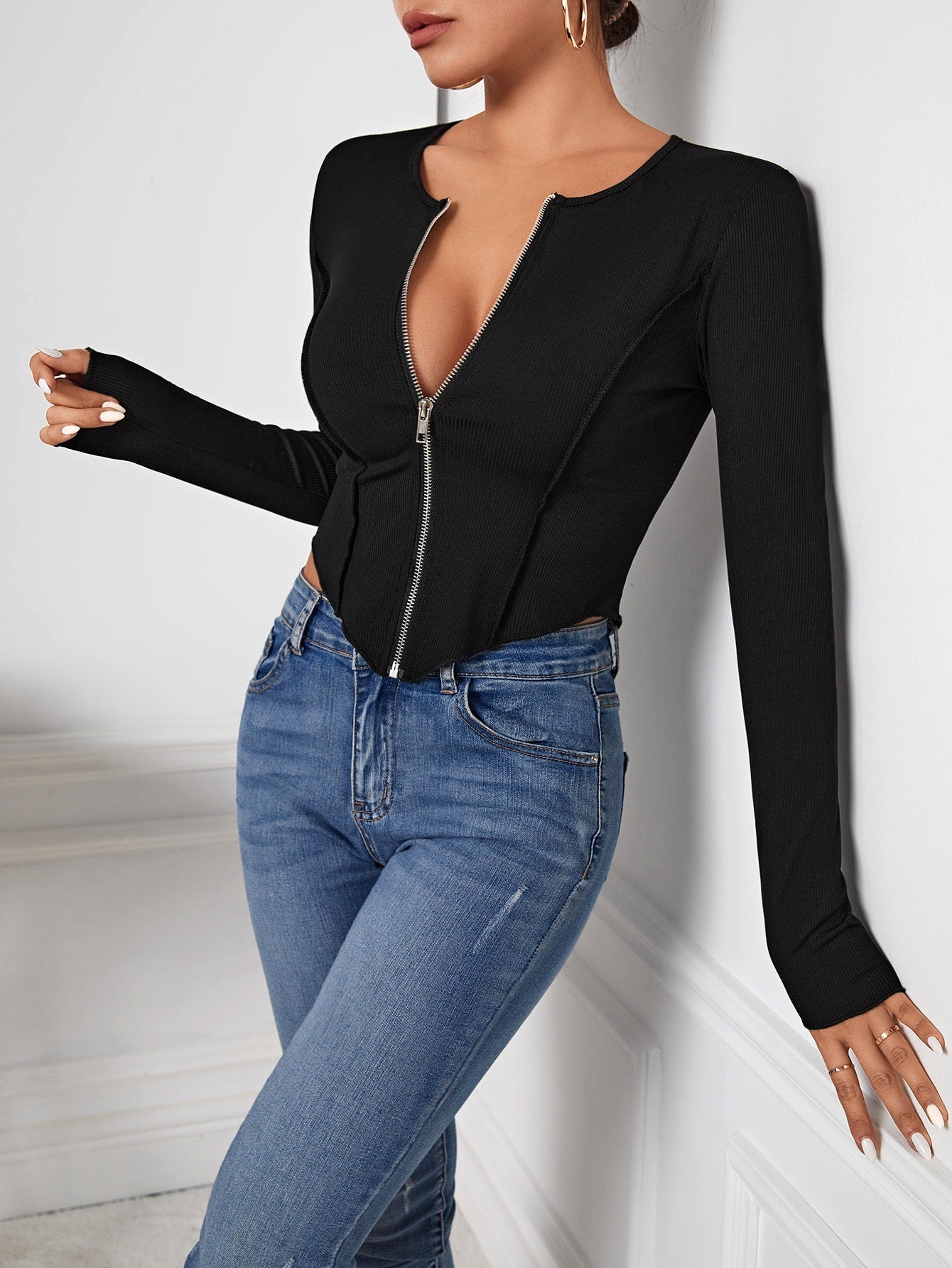 Buy SHEIN SXY Zip Up Seam Detail Hanky Hem Tee in Pakistan