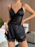 Buy SHEIN SilkySpell Lace Trim Satin Cami Top & Shorts PJ Set / Pajama Set in Pakistan