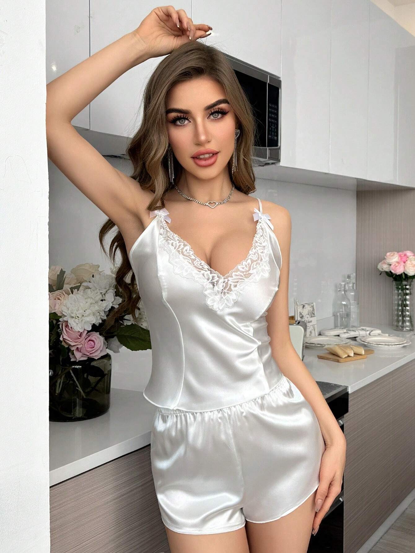 Buy SHEIN SilkySpell Women's Deep V-Neck Lace Splicing Satin Pajama Set White Set in Pakistan