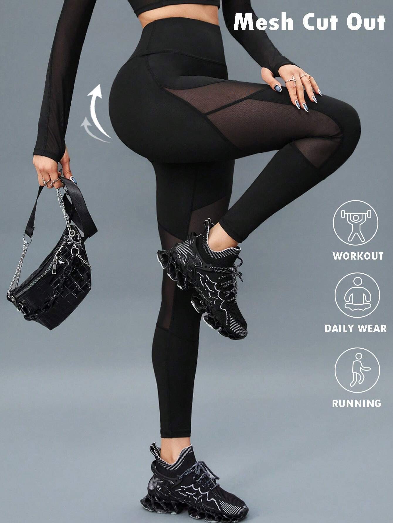 Buy SHEIN Sport Innovista 2pcs Mesh Insert Long Sleeve Crop Top T Waistband Leggings Summer 2piece Outfits Set Women in Pakistan