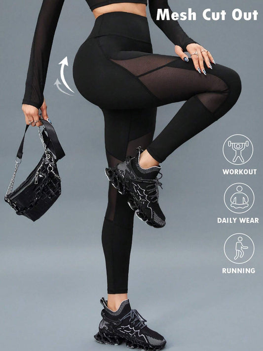 Buy SHEIN Sport Innovista 2pcs Mesh Insert Long Sleeve Crop Top T Waistband Leggings Summer 2piece Outfits Set Women in Pakistan