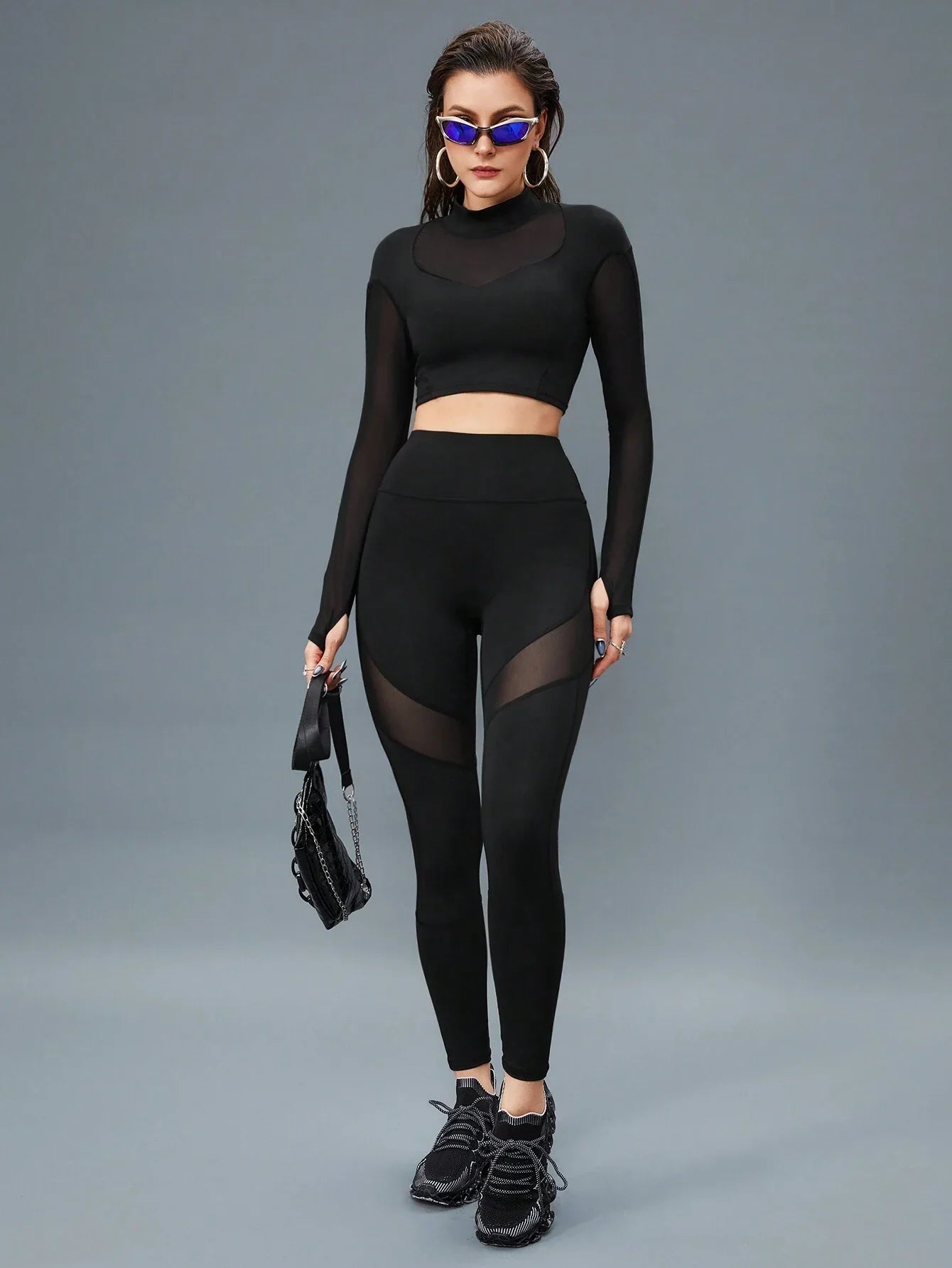 Buy SHEIN Sport Innovista 2pcs Mesh Insert Long Sleeve Crop Top T Waistband Leggings Summer 2piece Outfits Set Women in Pakistan