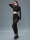 Buy SHEIN Sport Innovista 2pcs Mesh Insert Long Sleeve Crop Top T Waistband Leggings Summer 2piece Outfits Set Women in Pakistan