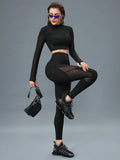Buy SHEIN Sport Innovista 2pcs Mesh Insert Long Sleeve Crop Top T Waistband Leggings Summer 2piece Outfits Set Women in Pakistan