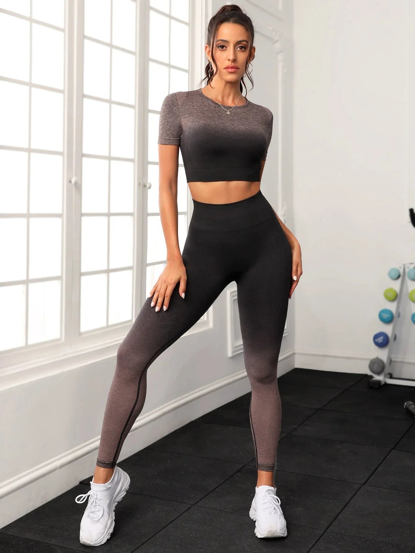 Buy SHEIN Sport Studio 2pcs Seamless Ombre Print Gym Set Fitness Wear Fitted Tee & Tummy Control Leggings Workout Women Setwomen Workout Set Women Leggings Set in Pakistan