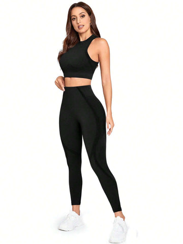 Buy SHEIN Sport Studio Seamless Solid Color Slim Fit Vest And Long Pants Yoga Sportswear Set in Pakistan