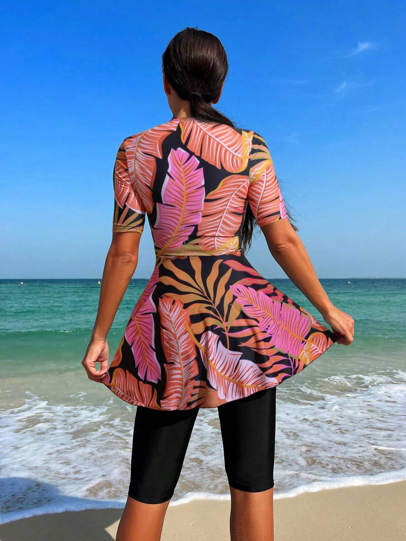 Buy SHEIN Swim Mulvari Summer Beach Tropical Print Zip Front Top & Short Leggings Swimsuit in Pakistan