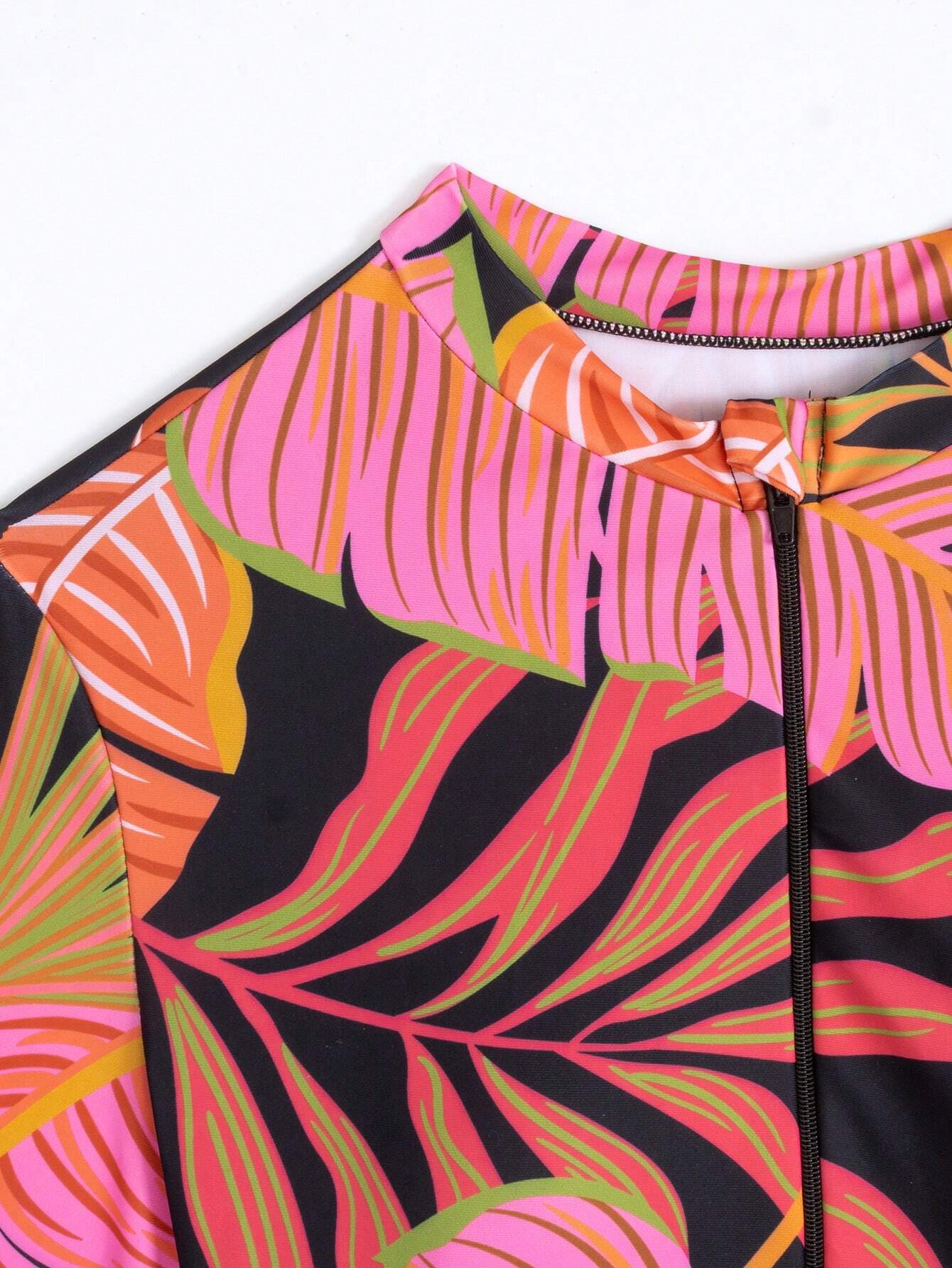 Buy SHEIN Swim Mulvari Summer Beach Tropical Print Zip Front Top & Short Leggings Swimsuit in Pakistan