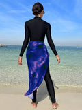 Buy SHEIN Swim Mulvari Women Summer Beach Stand Collar Long Sleeve Zipper Front One-Piece Burkini & Tie-Dye Cover Up Skirt For Vacation in Pakistan