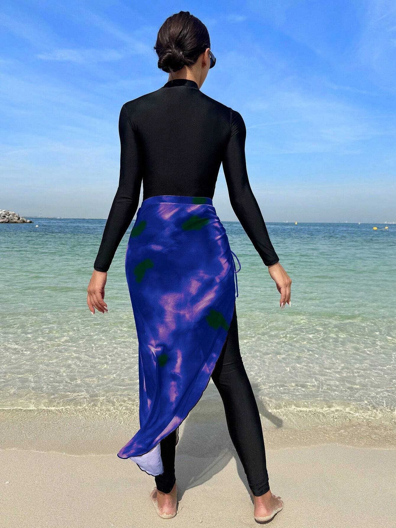 Buy SHEIN Swim Mulvari Women Summer Beach Stand Collar Long Sleeve Zipper Front One-Piece Burkini & Tie-Dye Cover Up Skirt For Vacation in Pakistan