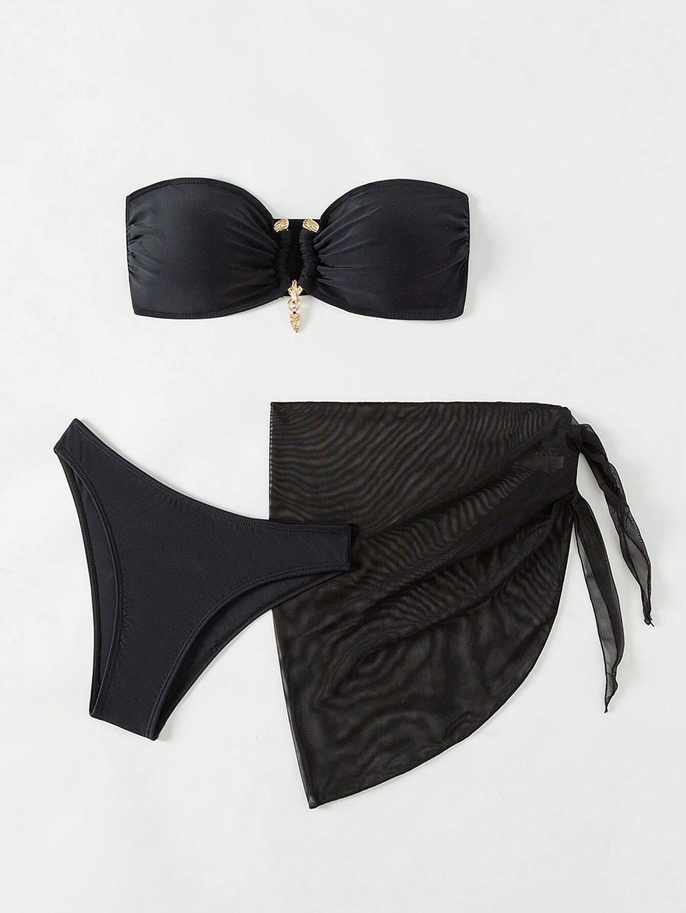 Buy SHEIN Swim Solid Color Bandeau Sexy Summer Bikini Set 3pcs (Bandeau Bikini Top+Triangle Bottom+Sheer Skirt),Summer Beach in Pakistan