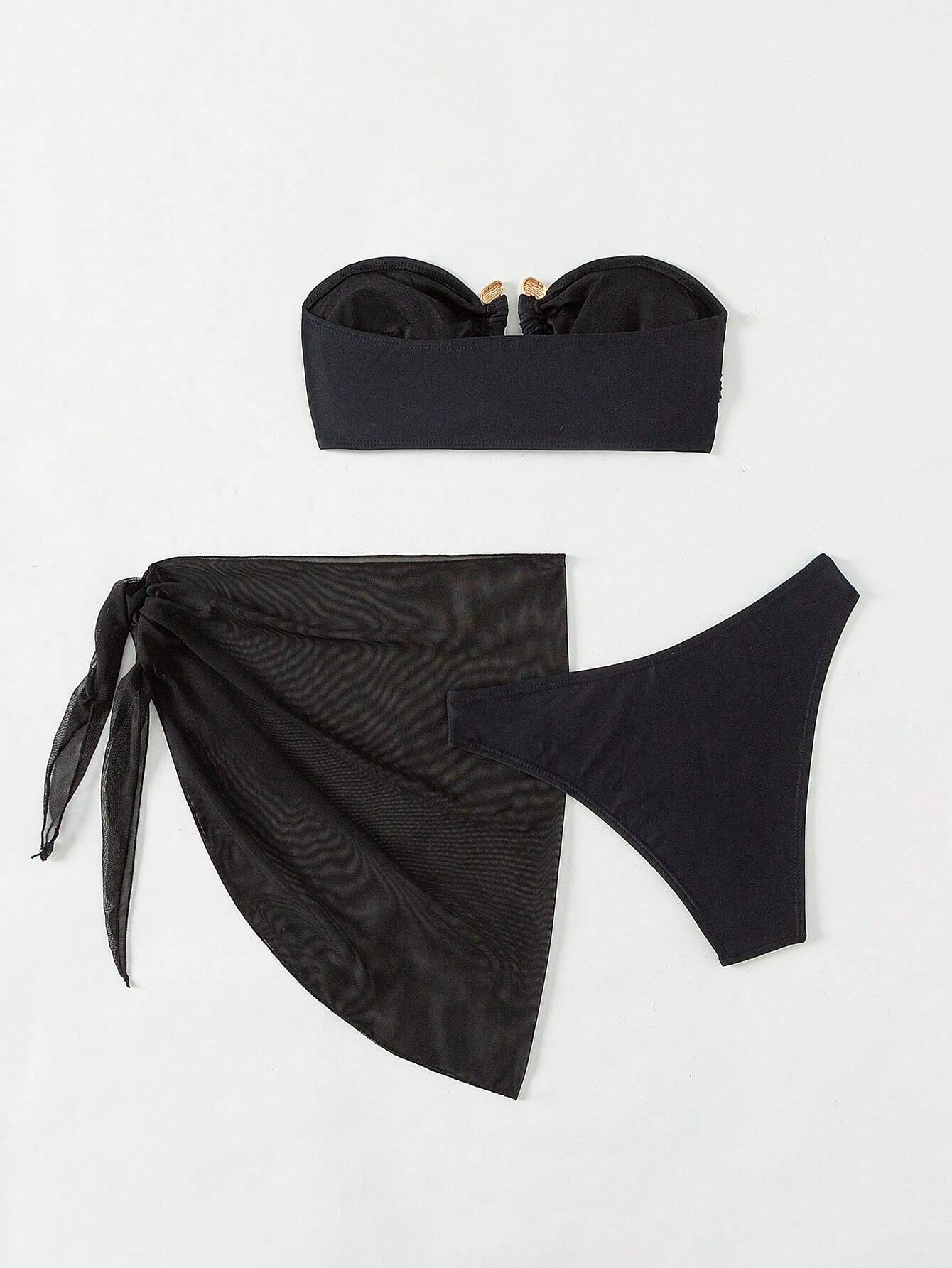 Buy SHEIN Swim Solid Color Bandeau Sexy Summer Bikini Set 3pcs (Bandeau Bikini Top+Triangle Bottom+Sheer Skirt),Summer Beach in Pakistan