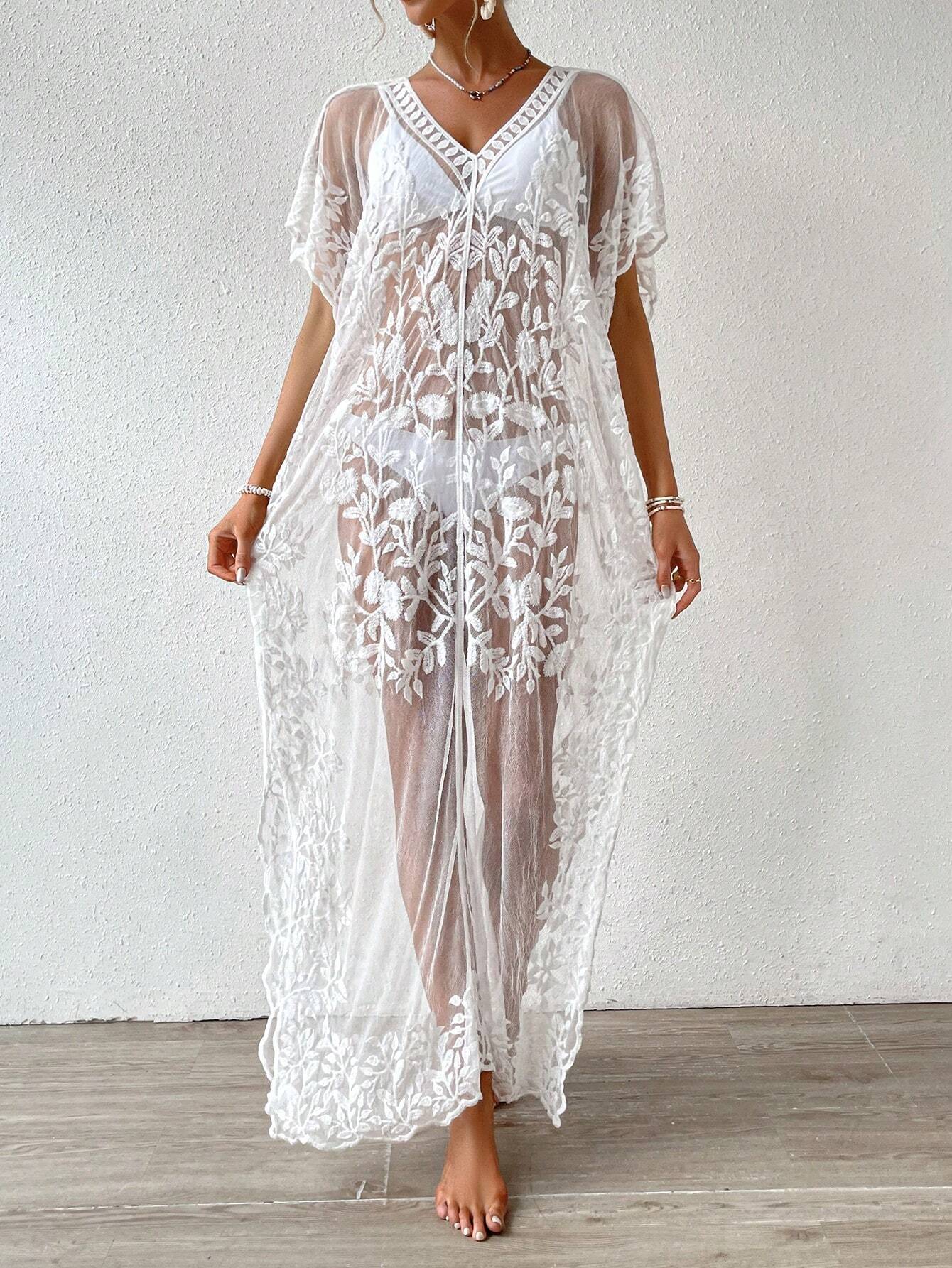 Buy SHEIN Swim Summer Beach Embroidery Mesh Scallop Trim Split Thigh Cover Up in Pakistan
