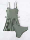 Buy SHEIN Swim Summer Beach Solid Tankini Set Lace Up Side Flowy Swim Dress & Bikini Bottom 2 Piece Bathing Suit in Pakistan