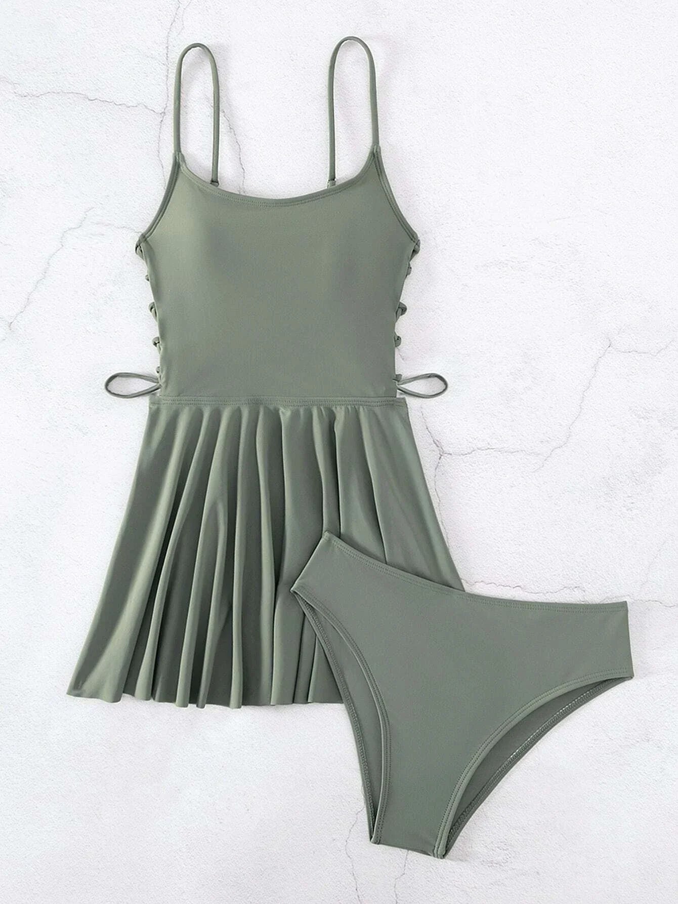 Buy SHEIN Swim Summer Beach Solid Tankini Set Lace Up Side Flowy Swim Dress & Bikini Bottom 2 Piece Bathing Suit in Pakistan