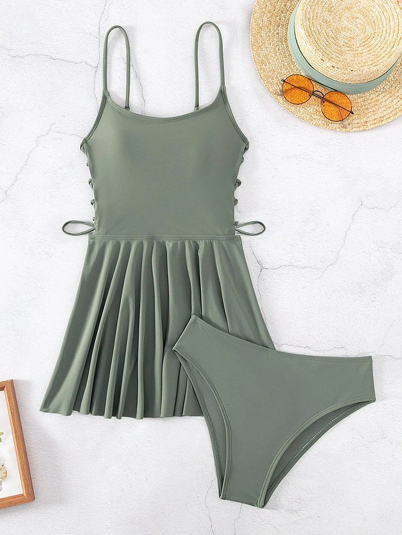 Buy SHEIN Swim Summer Beach Solid Tankini Set Lace Up Side Flowy Swim Dress & Bikini Bottom 2 Piece Bathing Suit in Pakistan