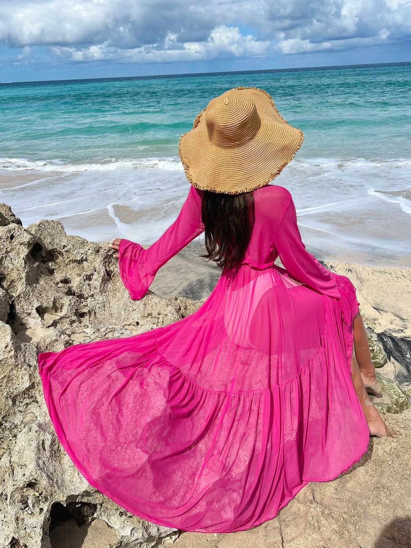 Buy SHEIN Swim Vcay Lettuce Trim Ruffle Trim Flounce Sleeve Kimono in Pakistan