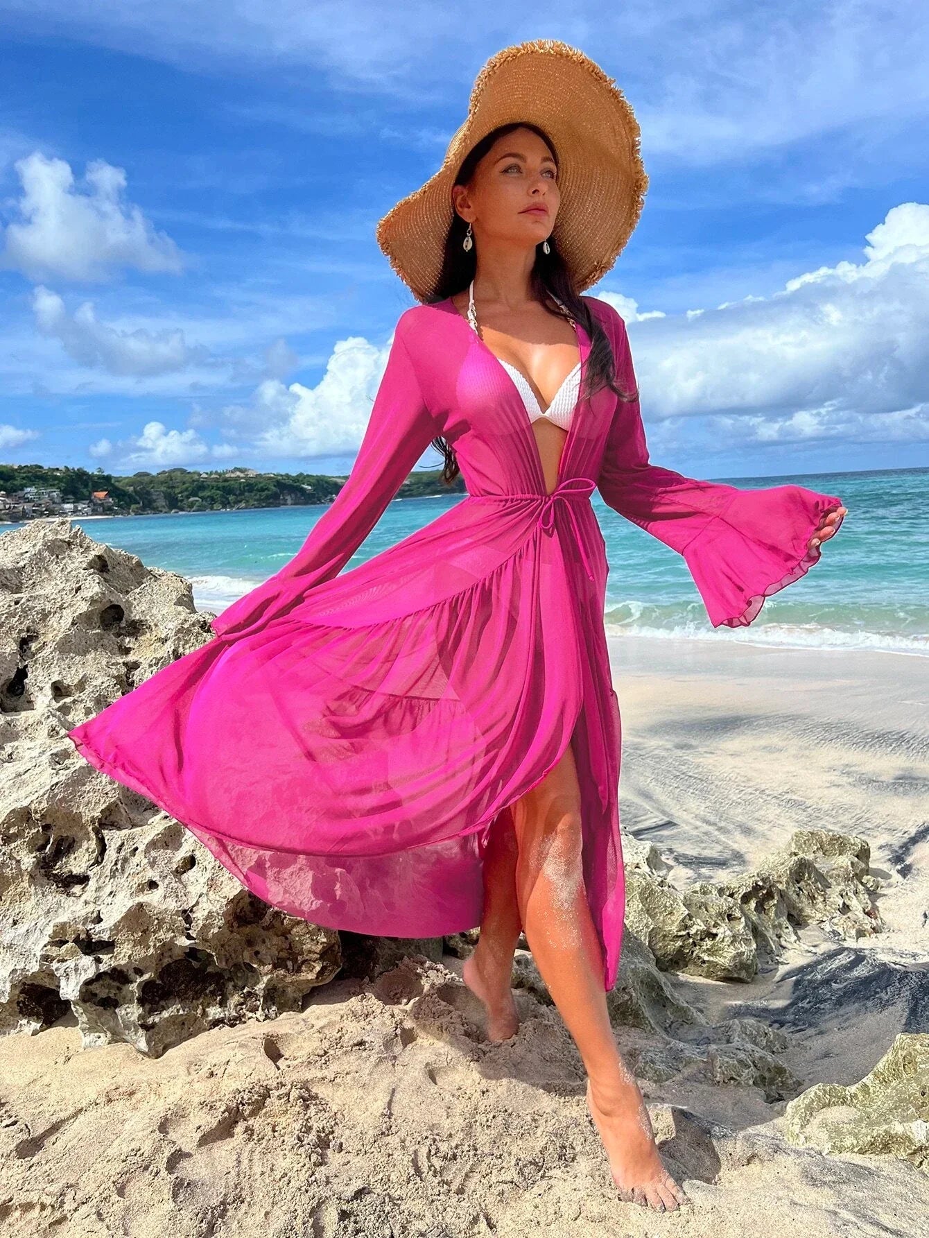 Buy SHEIN Swim Vcay Lettuce Trim Ruffle Trim Flounce Sleeve Kimono in Pakistan