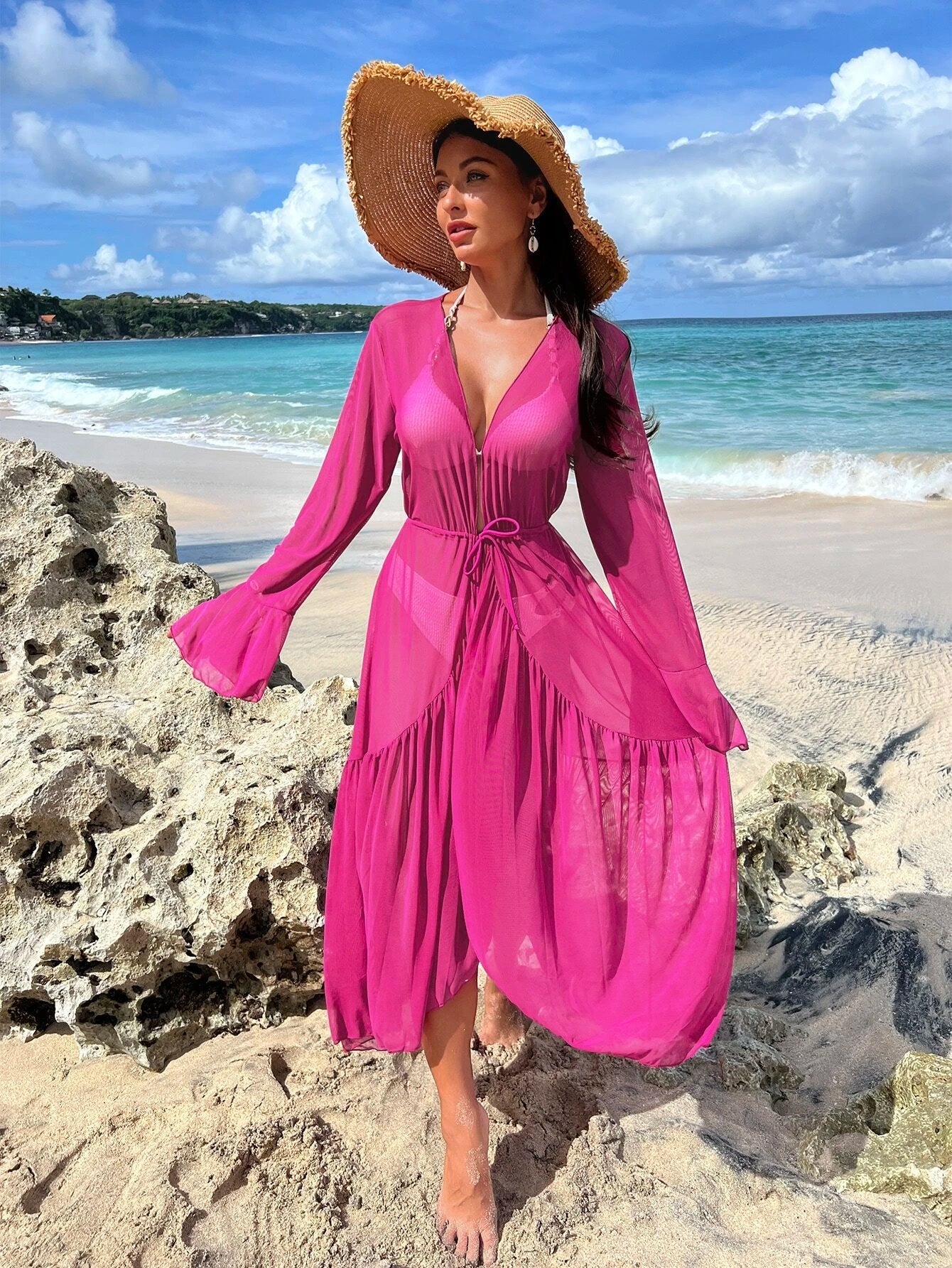 Buy SHEIN Swim Vcay Lettuce Trim Ruffle Trim Flounce Sleeve Kimono in Pakistan