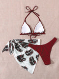 Buy SHEIN Swim Vcay Summer Beach Leaf Print Bikini Set Halter Triangle Bra & High Cut Bottom & Cover Up Skirt 3 Piece Bathing in Pakistan