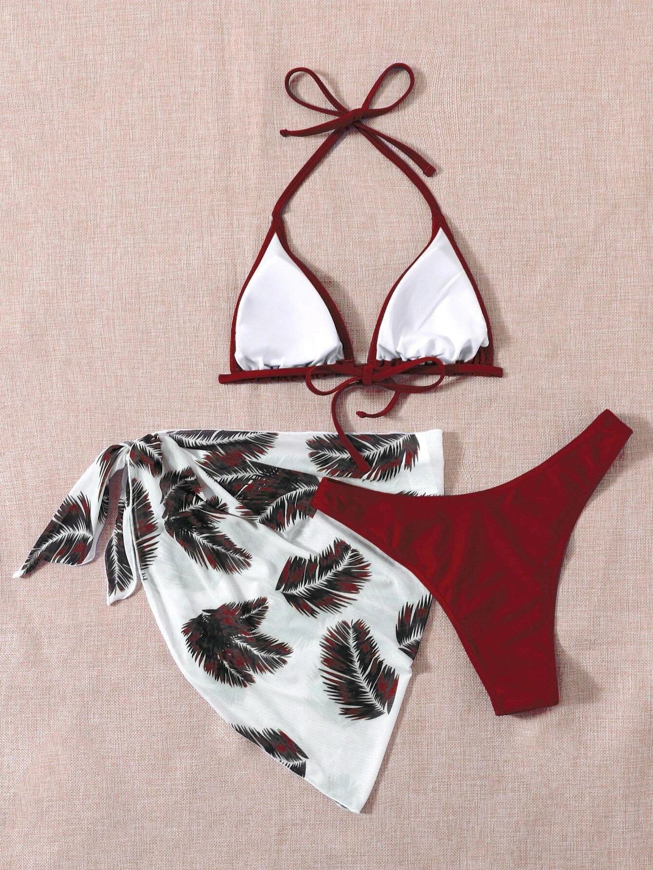 Buy SHEIN Swim Vcay Summer Beach Leaf Print Bikini Set Halter Triangle Bra & High Cut Bottom & Cover Up Skirt 3 Piece Bathing in Pakistan
