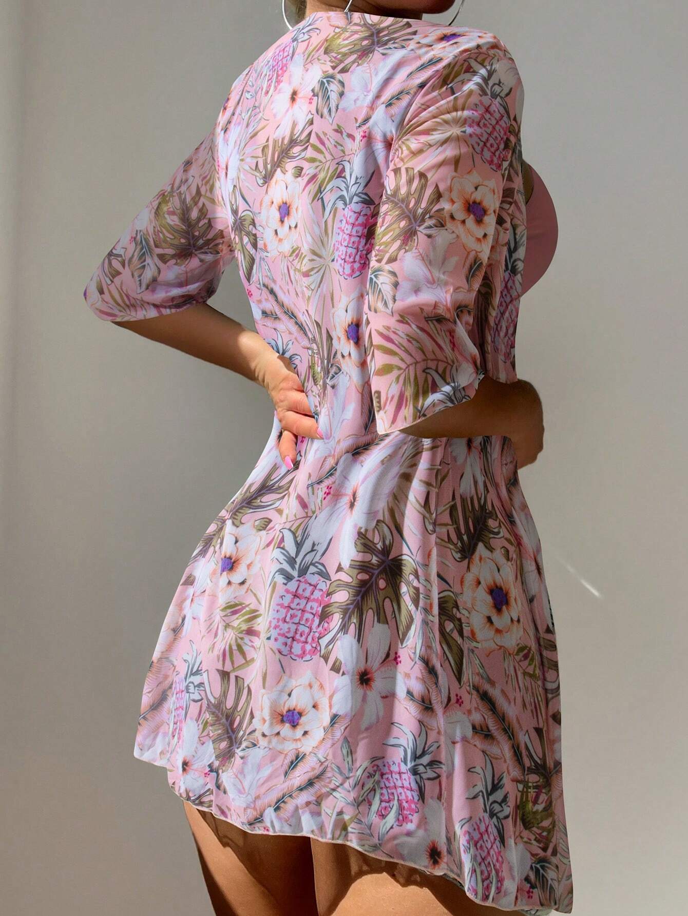 Buy SHEIN Swim Women's Tropical Plant Print Casual Bikini Set With Coverup Short Sleeve Kimono Summer in Pakistan