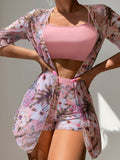 Buy SHEIN Swim Women's Tropical Plant Print Casual Bikini Set With Coverup Short Sleeve Kimono Summer in Pakistan