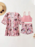 Buy SHEIN Swim Women's Tropical Plant Print Casual Bikini Set With Coverup Short Sleeve Kimono Summer in Pakistan